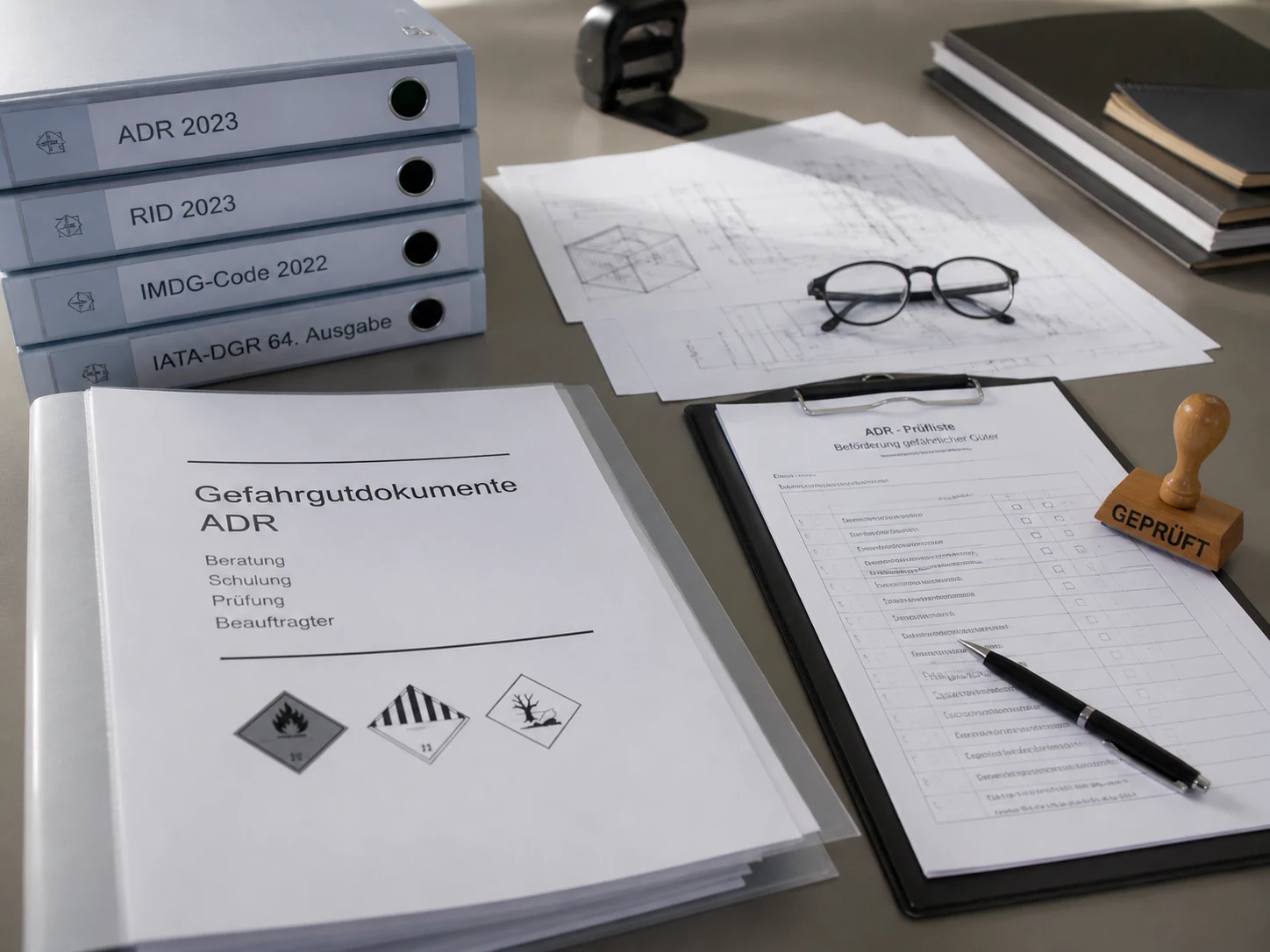 ADR-Unterlagen, Checkliste und technische Dokumente auf einem Schreibtisch