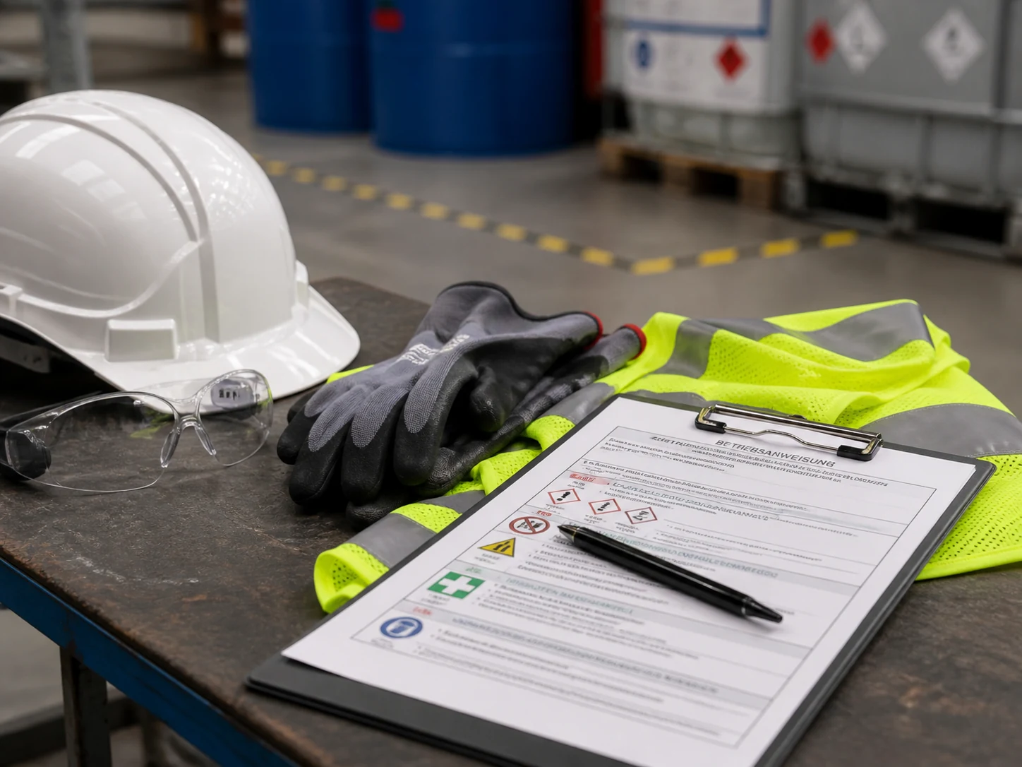 Schutzhelm, Schutzbrille, Handschuhe und Unterlagen zur Arbeitssicherheit